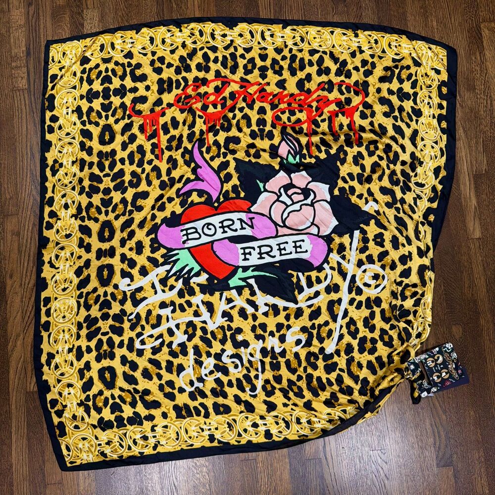 Ed Hardy Born Free Animal Print Satin Scarf Head Wrap Leopard Cheetah Gold